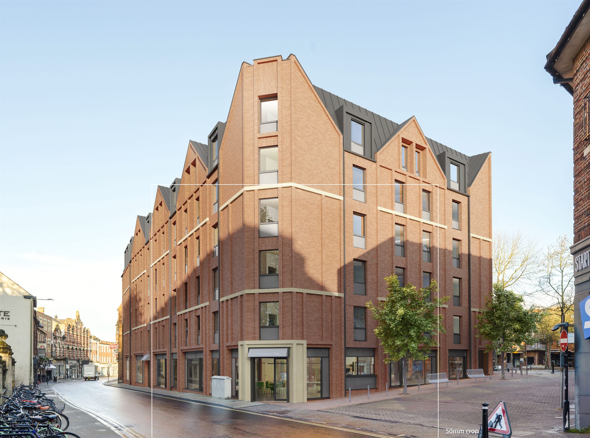 Finished photorealistic verified view of a proposed brick building composited into a real street photograph